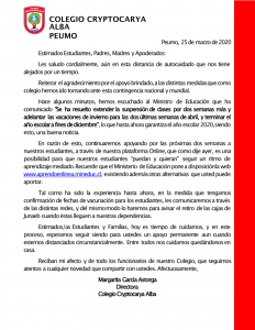 Read more about the article Comunicado 25 de Marzo Cryptocarya Alba 2020